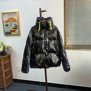 特价亮面拼接棉服女韩国纯元黑色短款加厚保暖棉外套时尚显瘦保暖