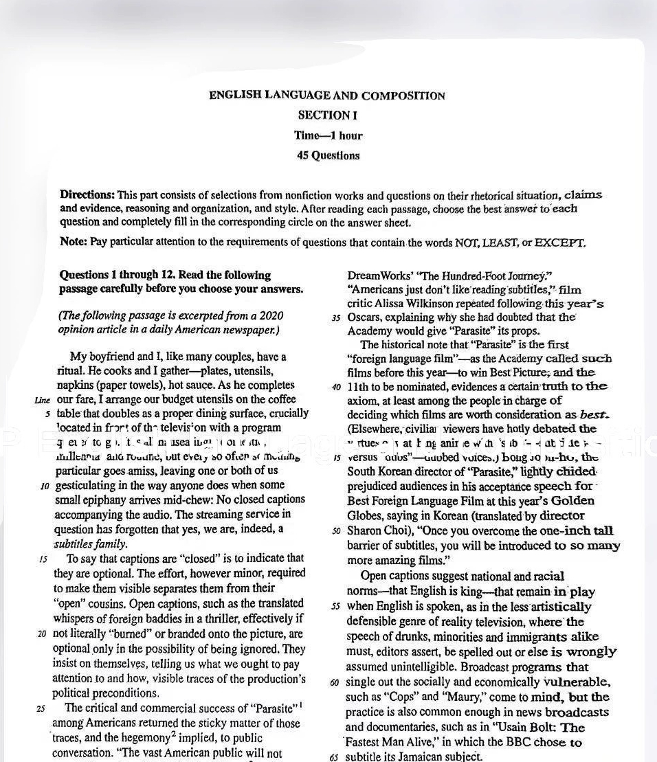 AP英语语言与写作2025真题，含MCQ答案