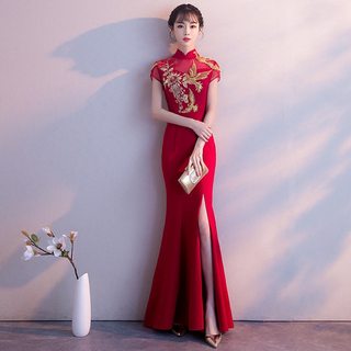 中式新娘敬酒服旗袍2024新款夏季红色鱼尾长款结婚礼服裙女中国风