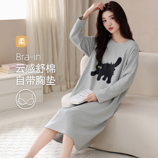 帕兰朵春秋季纯棉女款睡裙中长款套头长袖睡衣卡通大码裙子家居服