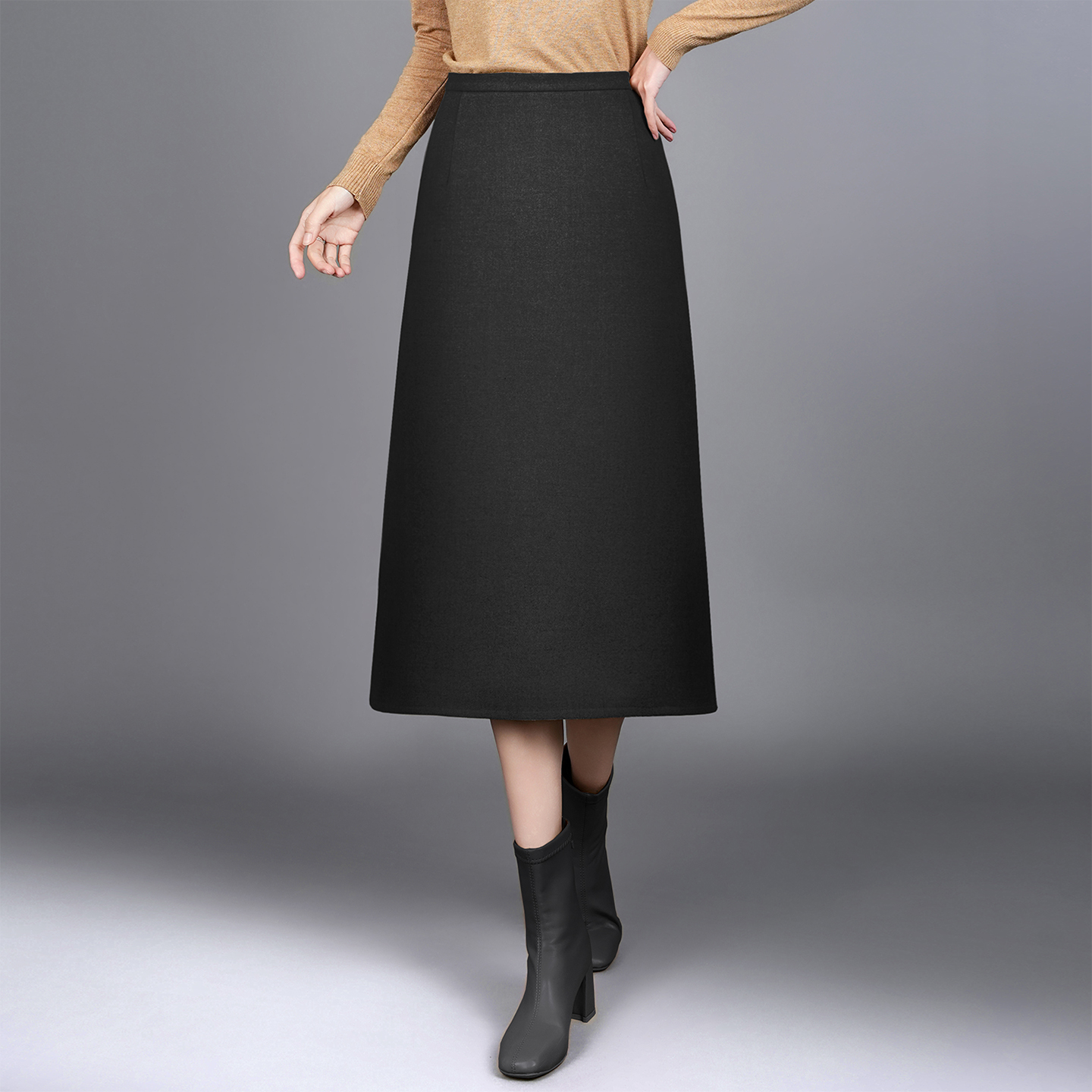 不开叉毛呢A字垂坠裙遮胯保暖