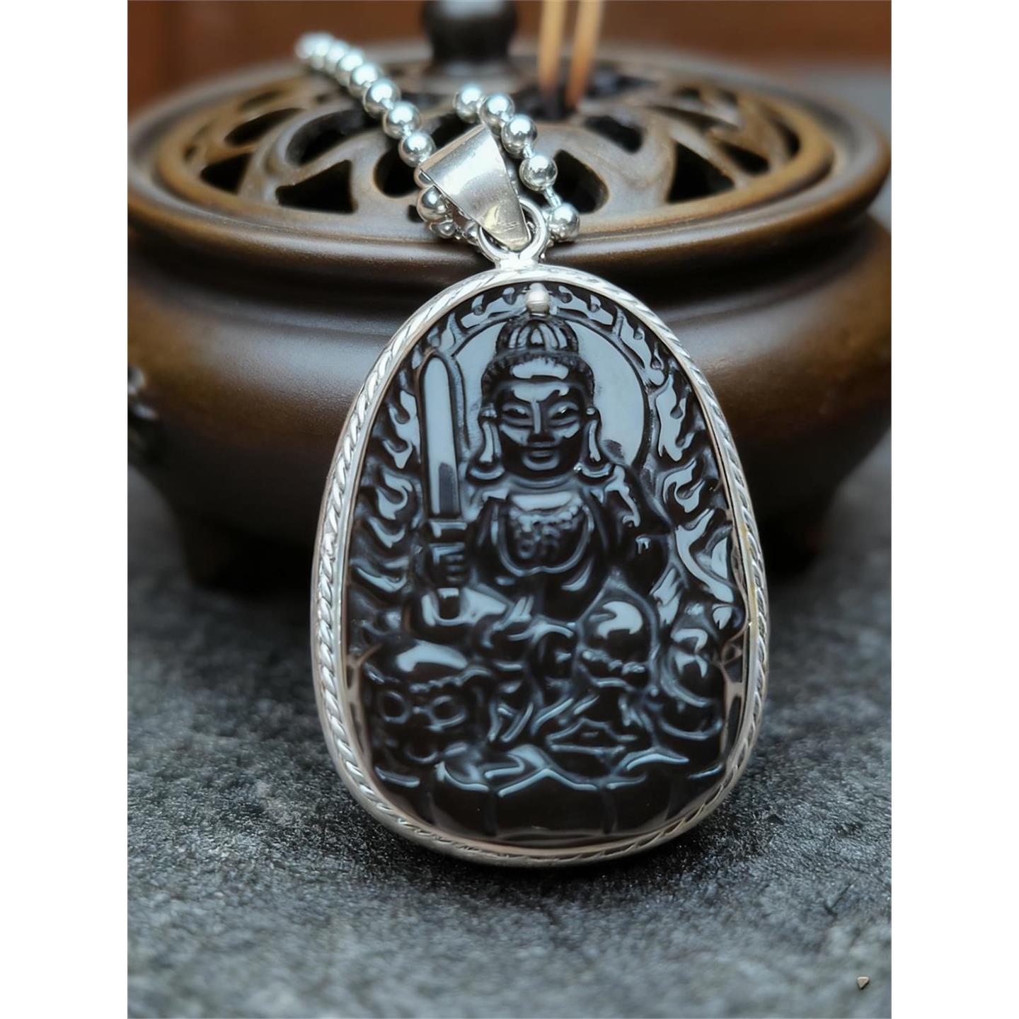 2025蛇年吉祥饰品镶银冰种黑曜石十二生肖本命佛八大守护吊坠鸡鼠