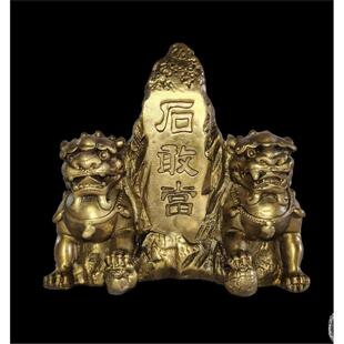 纯铜泰山石敢当摆件小摆件房屋补缺角路冲黄铜双狮狮子摆件
