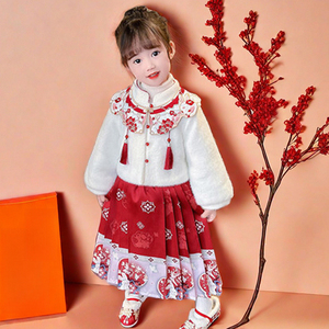 拜年服女童儿童冬季马面裙加绒连衣裙套装汉服新年装宝宝过年衣服