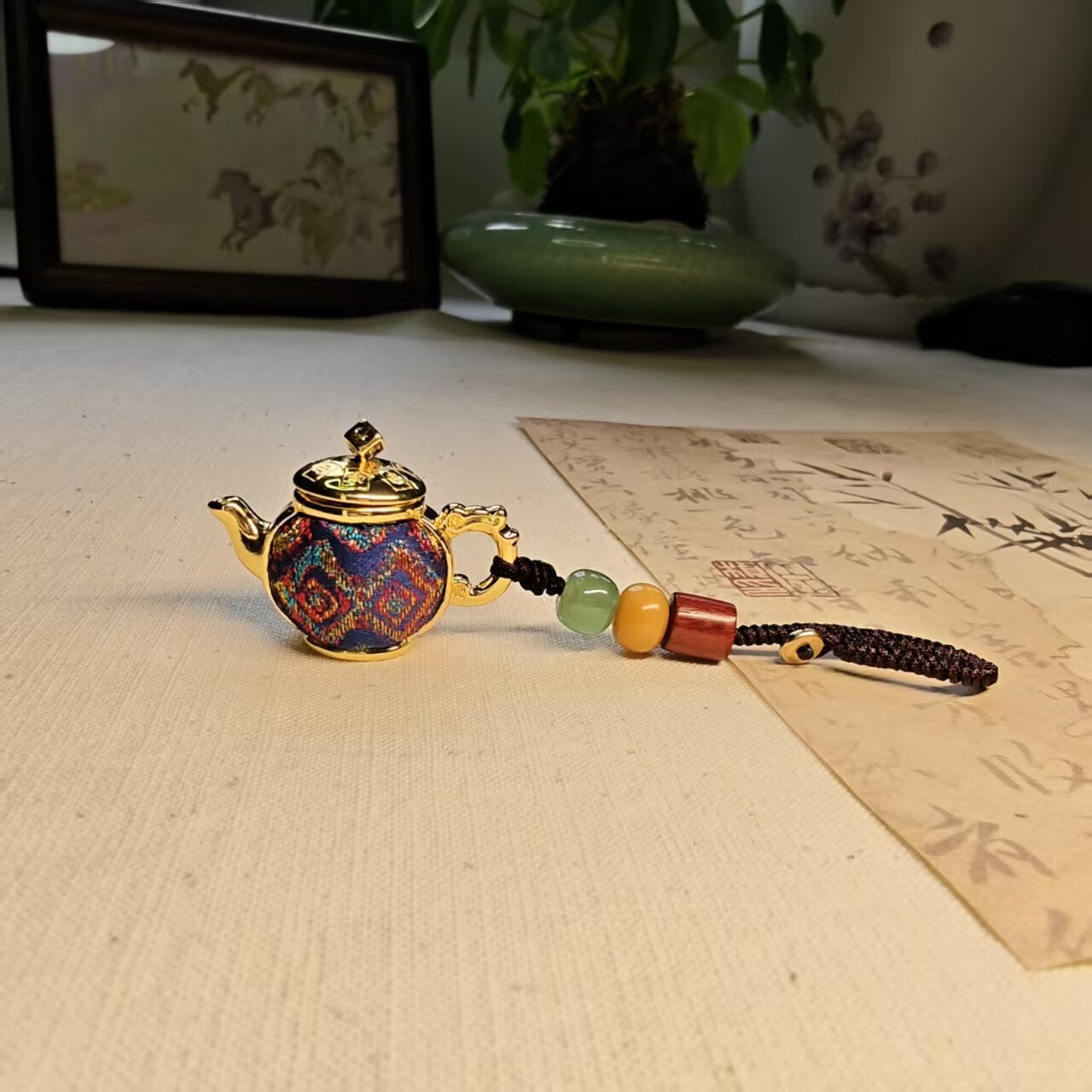 非遗宋锦新品把把壶挂件铜镀18k金车挂钥匙挂葫芦挂件新中式饰品