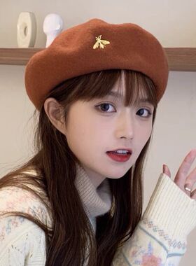 韩版羊毛贝雷帽子女秋冬蜜蜂气质名媛风蓓蕾帽气质文艺毛呢画家帽
