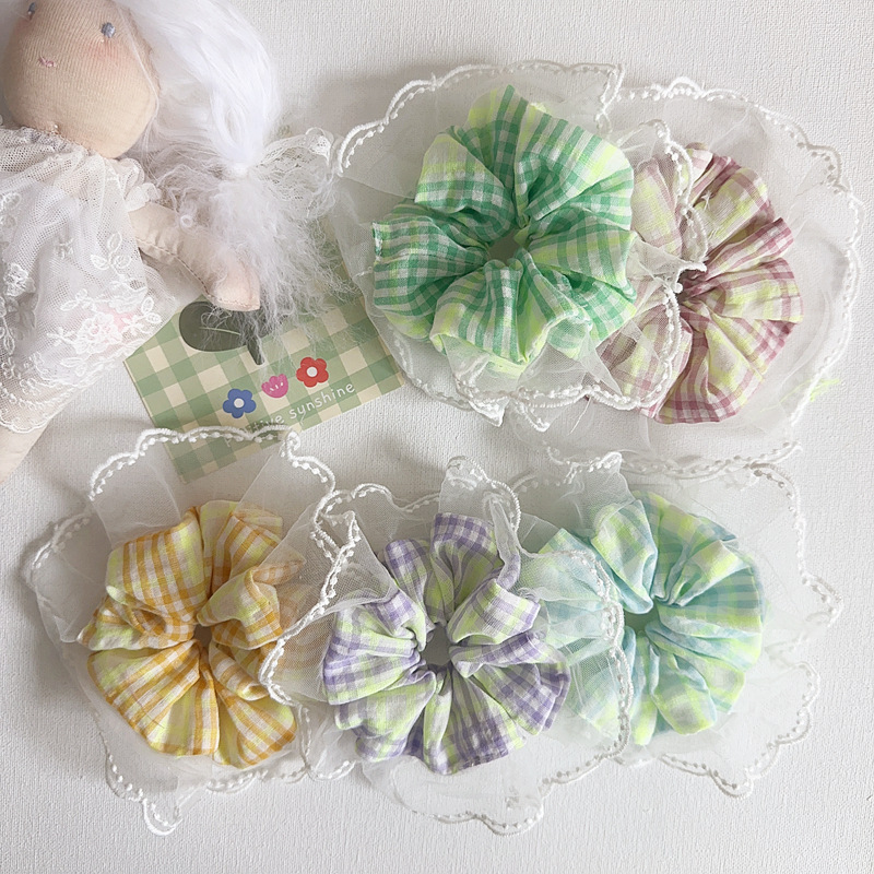 新款韩系田园风清新格纹网纱木耳