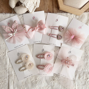 新款 公主风粉色系镶钻花朵蝴蝶结刺绣领结儿童超仙甜美压夹发饰