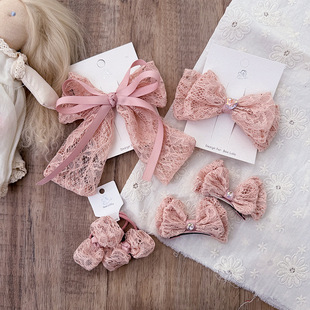 新款 儿童发饰头饰 淑女甜美粉色系蕾丝蝴蝶结镶钻压夹发圈对装