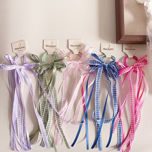 新款 格子蝴蝶结织带双层布艺儿童流苏百搭皮筋头绳发饰头饰女