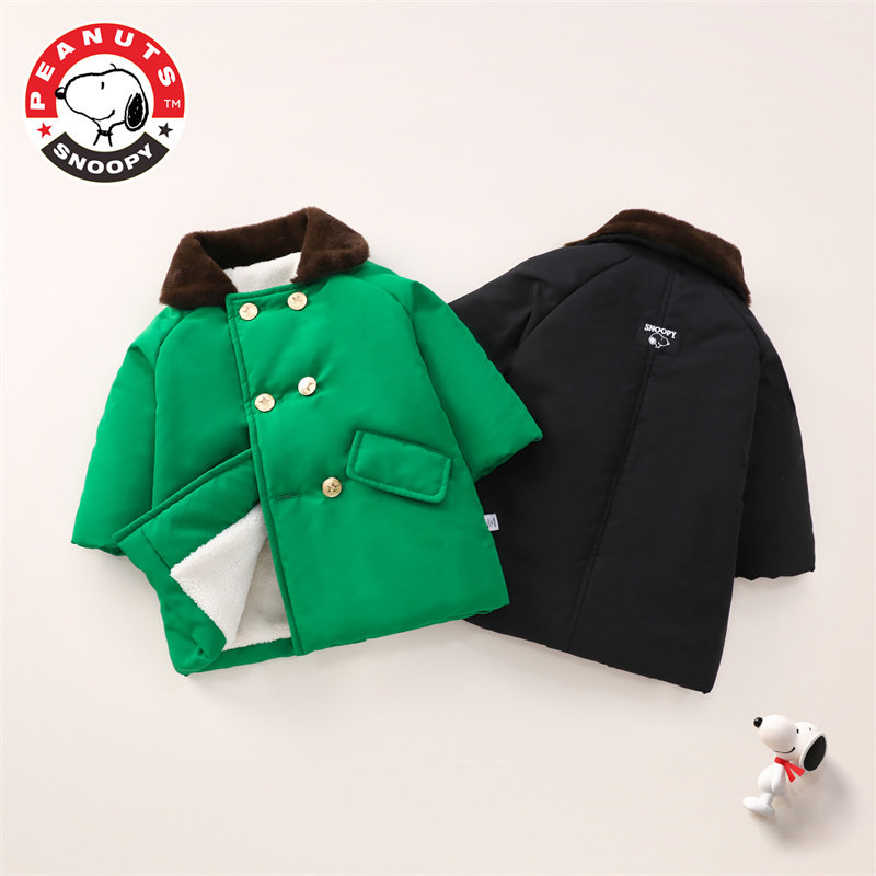 史努比童装儿童军棉大衣加厚夹棉中长款男童军绿色棉服性价比外套
