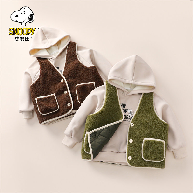 史努比童装儿童连帽加绒卫衣马甲二件套男童秋冬衣服男孩女童套装