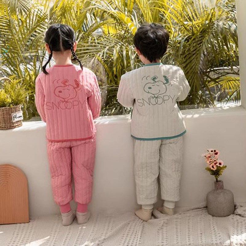 史努比姐弟装棉服套装宝宝夹薄棉两件套装男童棉衣女童睡衣家居服
