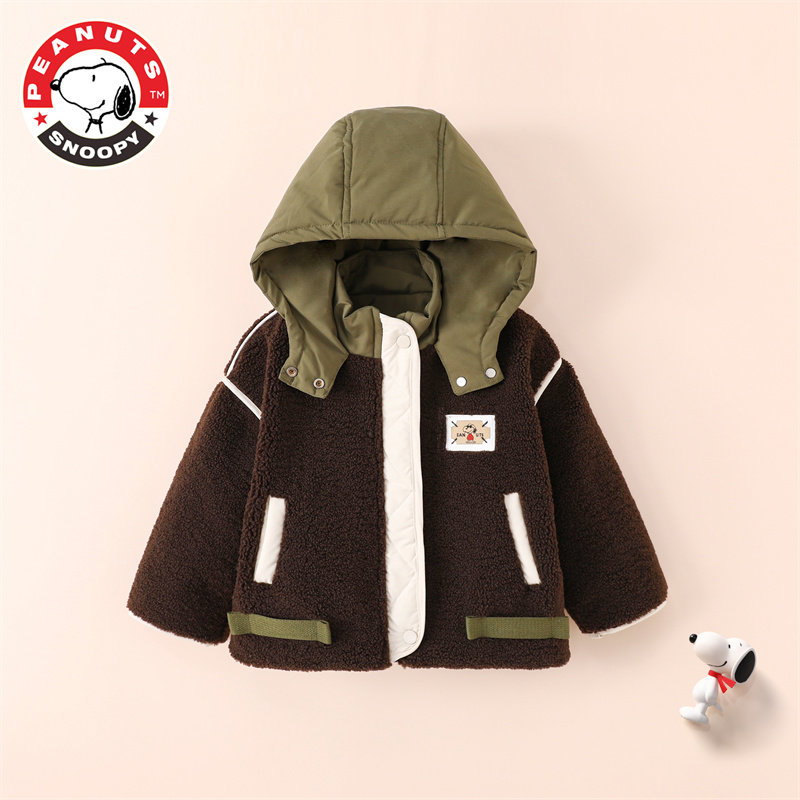 正品史努比2023男童新款秋冬款连帽羊羔绒加厚外套休闲网红款外套