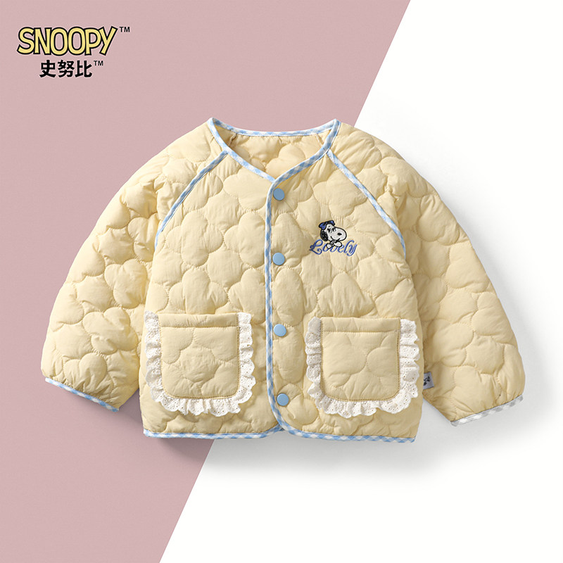 史努比女童宝宝花朵绗棉圆领女童薄款卡通风棉服外套