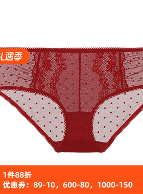 爱美丽商场内裤女蕾丝波点网纱棉裆包臀酒红色低腰平角裤IM23BGP1