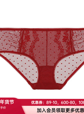 爱美丽商场内裤女蕾丝波点网纱棉裆包臀酒红色低腰平角裤IM23BGP1