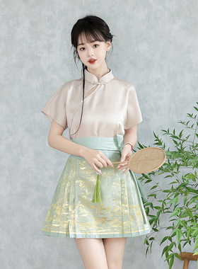 原创鹤鹿同春汉服女中国风改良汉元素新中式短款薄款马面裙8934