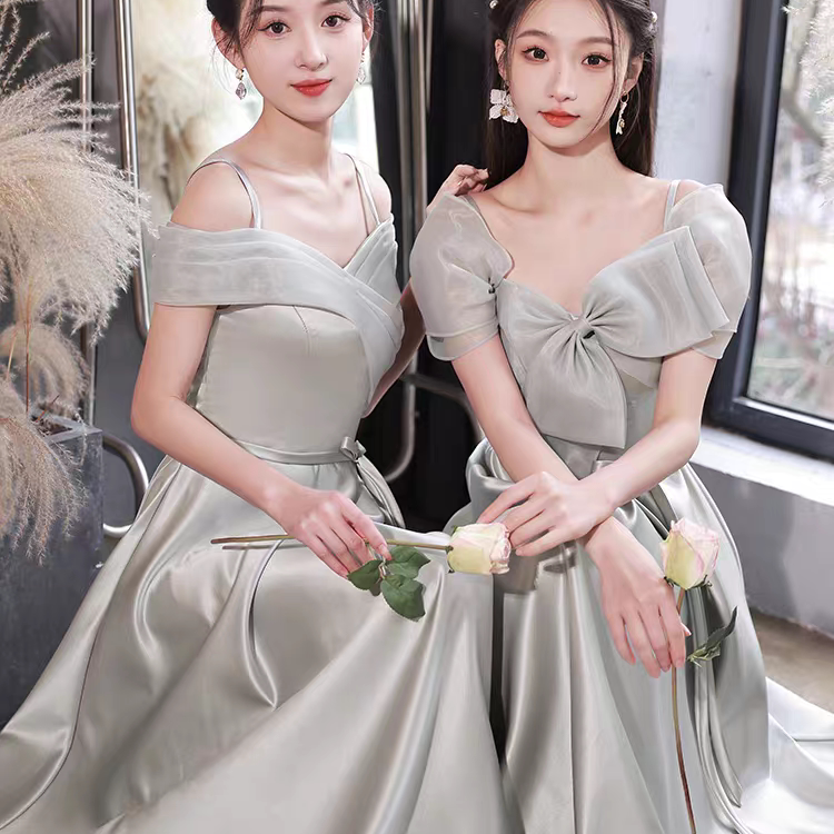 伴娘服2025新款灰色高级感小众姐妹团平时可穿缎面晚礼服裙女夏季