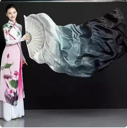 古典舞水墨扇长飘白黑渐变国风墨韵古典舞左手指月长绸扇跳舞扇子