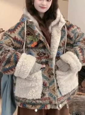 WHISPER*25AW小众潮牌联名宽松加厚保暖两面穿撞色羊羔毛外套女