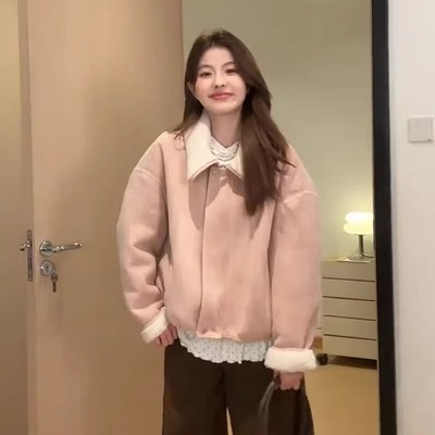 WHISPER*25AW小众潮牌联名休闲百搭加厚麂皮绒羊羔毛外套女