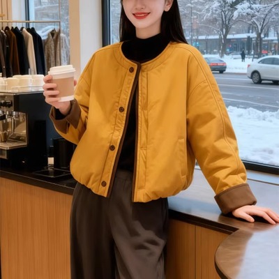 WHISPER*25AW小众潮牌联名撞色保暖休闲圆领棉服短款外套女