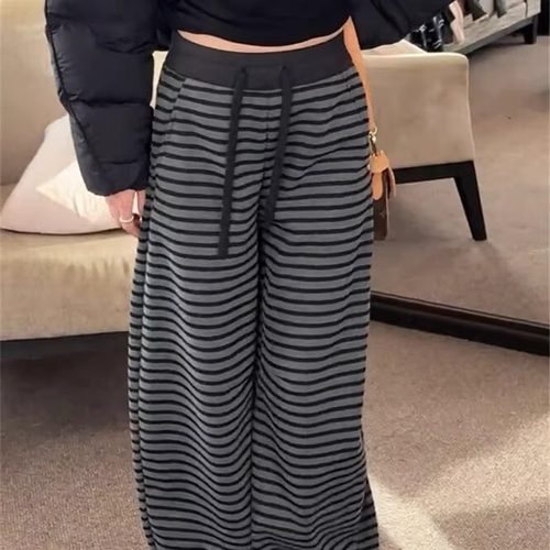 WHISPER*25AW小众潮牌联名抽绳高腰显瘦加绒加厚条纹直筒阔腿裤