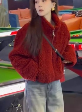 WHISPER*25AW小众潮牌联名加厚保暖毛绒百搭短款皮毛一体外套女