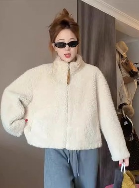 WHISPER*25AW小众潮牌联名加厚保暖羊羔毛立领短款皮毛一体外套女