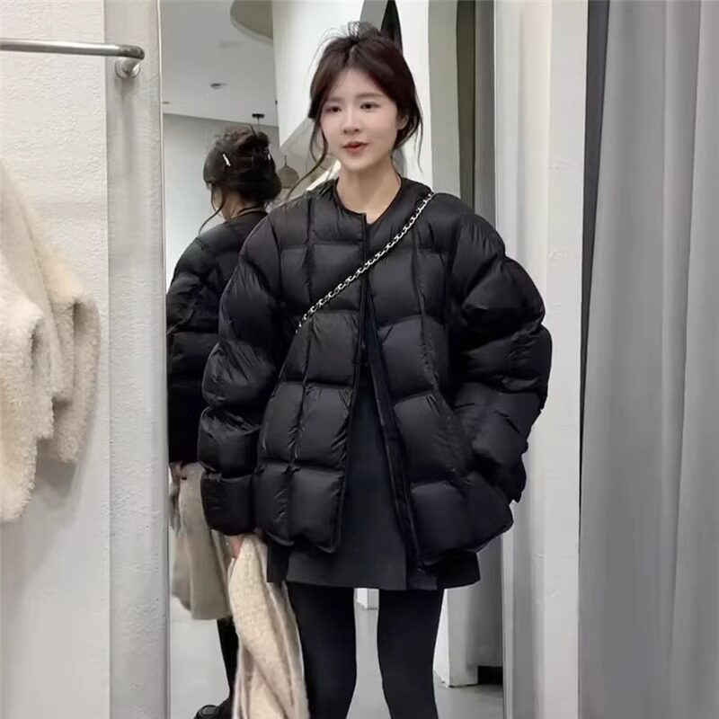 WHISPER*25AW小众潮牌联名加厚圆领百搭休闲方块压格羽绒服