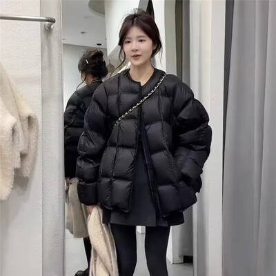 WHISPER*25AW小众潮牌联名加厚圆领百搭休闲方块压格羽绒服