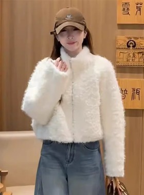 WHISPER*25AW小众潮牌联名加厚保暖皮毛一体立领短款羊羔毛外套女