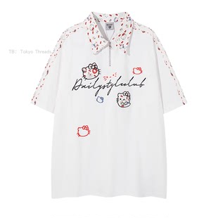 WHISPER*25SS 小众潮牌联名听取猫咪刺绣翻领短袖polo衫T恤