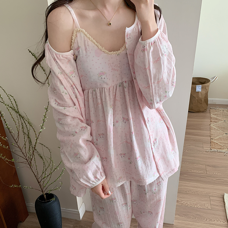 冰丝睡衣女春夏秋款带胸垫家居服