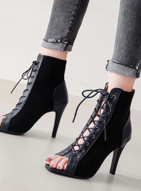 鱼嘴凉靴女夏细跟系带镂空短靴heels高跟鞋爵士舞鞋跳舞凉鞋大码
