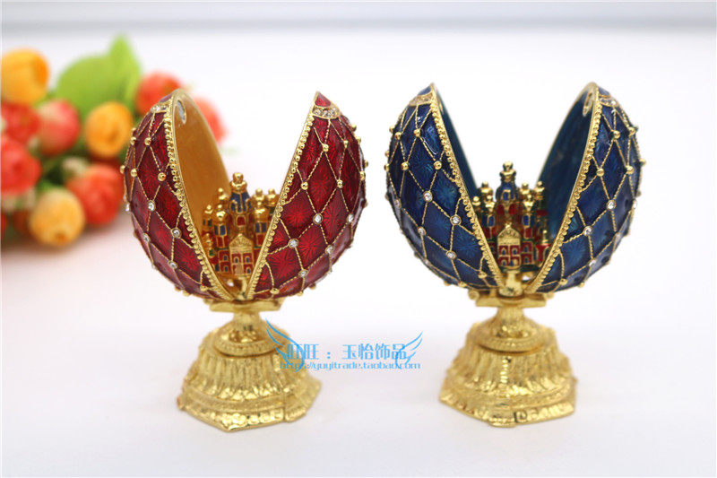 俄罗斯复活节彩蛋锡金属工艺品法贝热网纹城堡彩蛋小摆件家居饰品