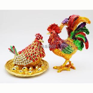 珐琅彩高档锡合金公鸡母鸡摆件招财桌上柜台摆设精品摆件结婚礼物