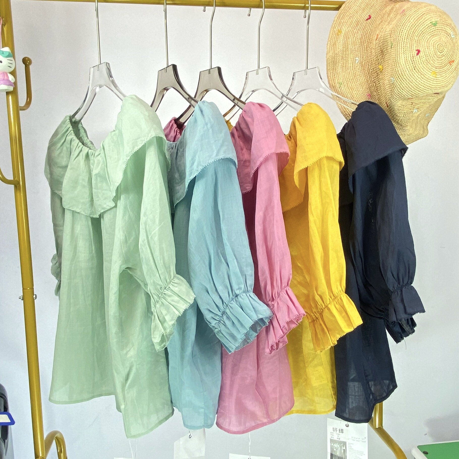 圆领/一字领两穿麻面料荷叶边衬衫2026春新款韩版宽松五分袖衬衫
