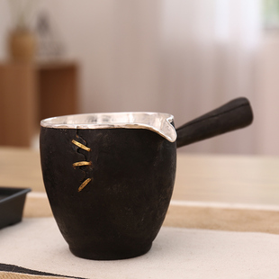纯手工铁包银侧把公道杯高端分茶器茶道茶海包纯银足银999
