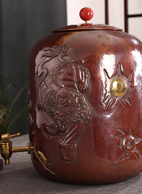 纯手工紫铜存水缸茶道净水铜水桶带龙头雕刻貔貅图案大容量12L