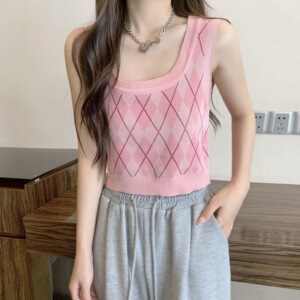 美式复古菱格针织背心女夏宽肩带无袖短款内搭外穿吊带上衣ins潮