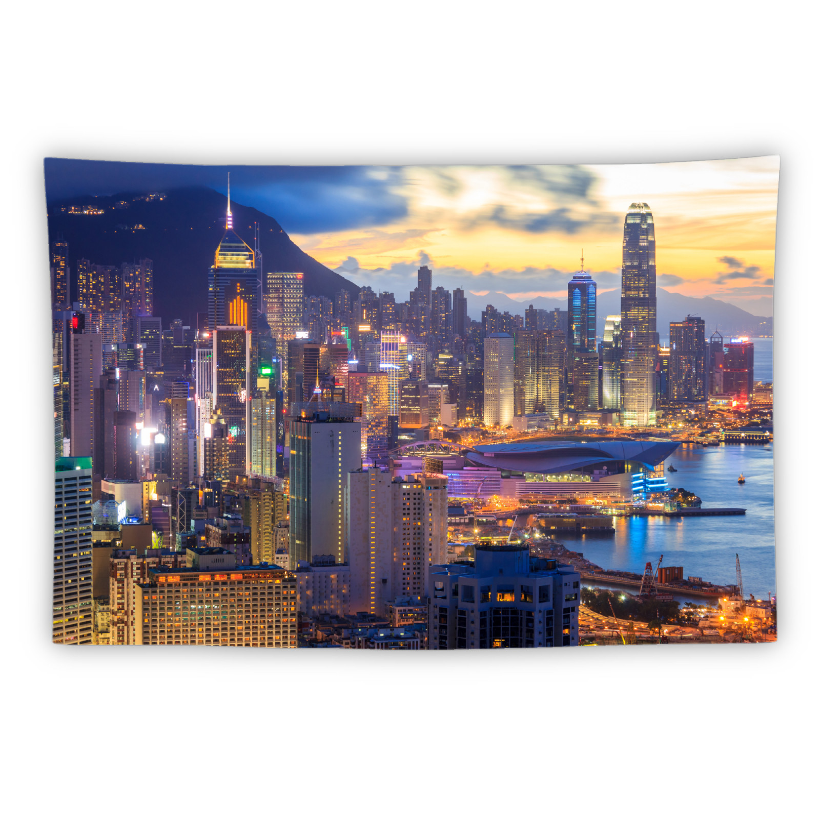 中国香港维多利亚港城市霓虹夜景街景写真装饰海报背景布挂布墙布