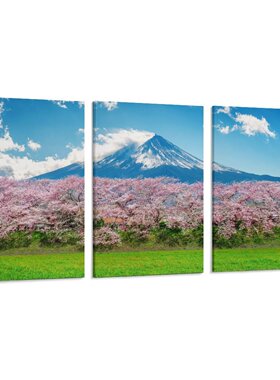 富士山fuji樱花河口湖日本房间背景墙帆布无框画三联组合装饰挂画