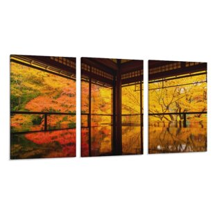 红枫叶京都市东山区古城日本背景墙帆布无框画三联组合装饰挂画