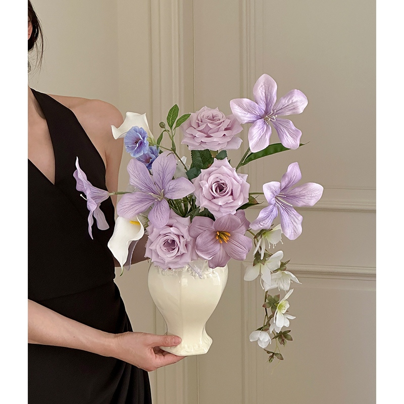 法式复古花束紫色仿真花假花客厅插花瓶花艺轻奢高端餐桌装饰摆件