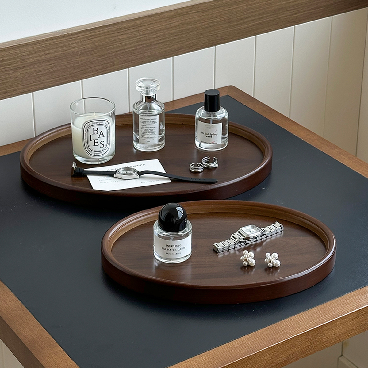 高级木质香薰托盘复古桌面餐盘玄关收纳首饰中古香水托盘拍照道具