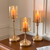 欧式 饰摆件烛光晚餐拍照道具 酒店轻奢金色复古玻璃烛台香薰蜡烛装