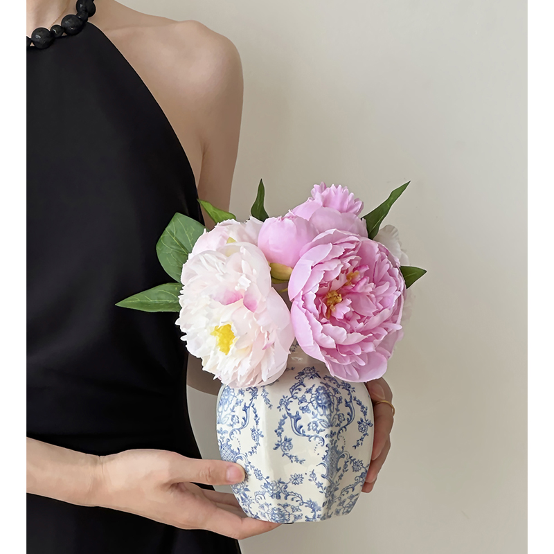 高级感新中式复古青花瓷陶瓷花瓶水养插花鲜花芍药客厅装饰品摆件