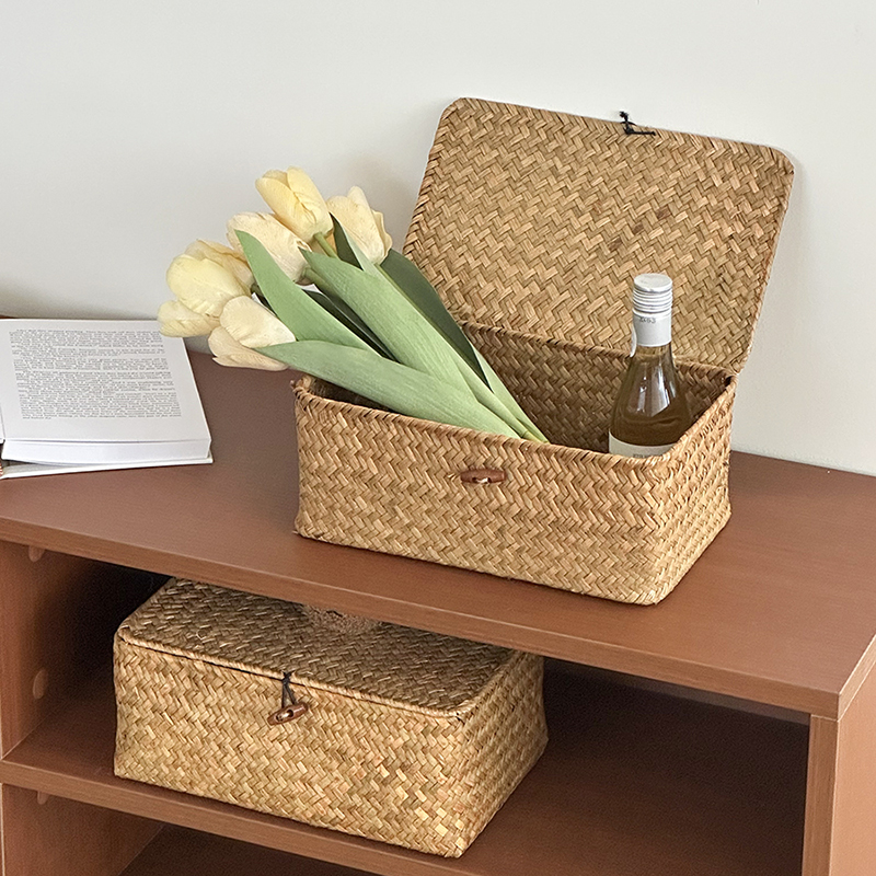 桌面化妆品零食杂物护肤品收纳盒编织收纳篮带盖框子玄关整理盒子